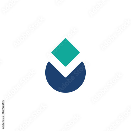 Abstract logo featuring a green diamond shape above a blue teardrop form with a curved indentation.
