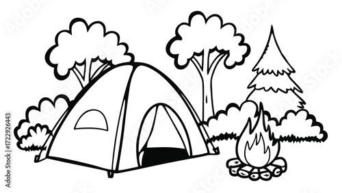 Camping tent and campfire scene in a forest setting