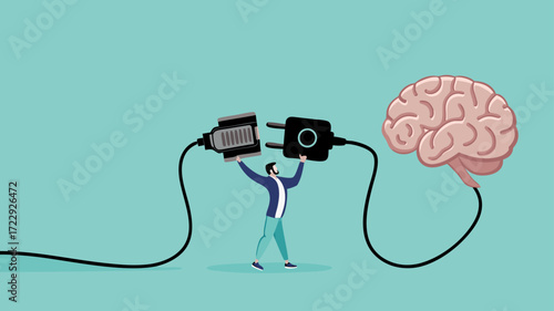 turn on creativity and idea thinking, imagination or innovation to create new idea concept, creative mind and brain illustration, businessman connect plug with brain idea to power socket concept