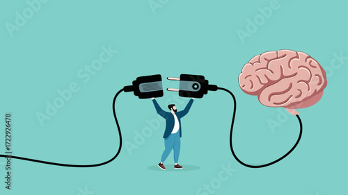 turn on creativity and idea thinking, imagination or innovation to create new idea concept, creative mind and brain illustration, businessman connect plug with brain idea to power socket concept