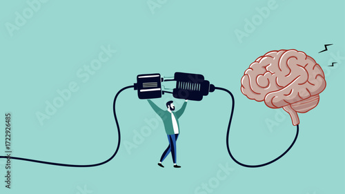turn on creativity and idea thinking, imagination or innovation to create new idea concept, creative mind and brain illustration, businessman connect plug with brain idea to power socket concept
