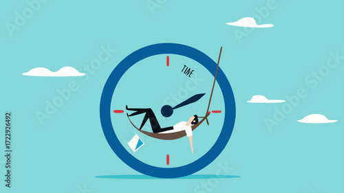 wasting time, lazy businesswoman, worker problem procrastination time management business people character waste work time flat vector illustration, businessman sleeps on clockwork
