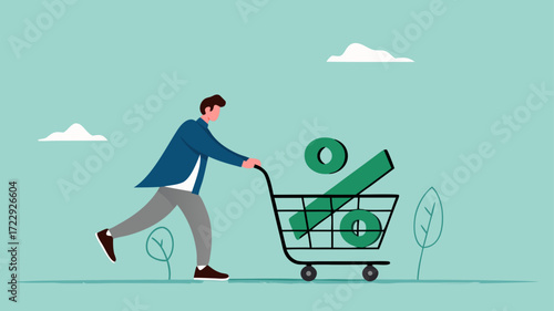 big discounts or increased dividends from stock investments with happy businessman carrying big percentage icon in shopping cart, stock market rising up from economic recovery concept illustration