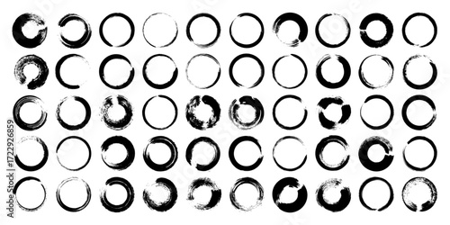 Grunge circles, brush strokes, lines, ink smudges, hand-drawn scribble shapes. Handmade sketchy marks, acrylic stains, charcoal streaks. Paint textures, dry brush effect. Vector illustration