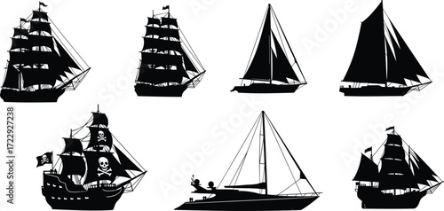 Sailing ship vector silhouette, yacht, sailboat, pirate ship, old galleon, vintage boat, marine vessel, ocean travel, sea transport, adventure