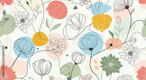 Abstract Floral Pattern with Pastel Colors and Line Art.