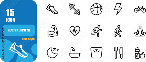 A glyph solid icon pack of 15 healthy lifestyle elements, featuring sneakers, dumbbell, basketball, energy bolt, bicycle, flexing arm, heart rate, running, walking, meditation, sleeping, bathtub, weig