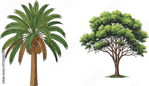 Date Palm and Deciduous Tree Vector Illustration Showing Tropical and Temperate Foliage Contrast for Botanical, Educational, and Nature Design Use
