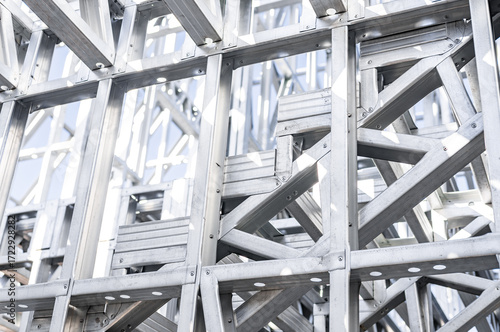 Light gauge steel framing system used for house construction. Wall to be clad with fibre cement board. Metal frame of a new modern house. Copy space