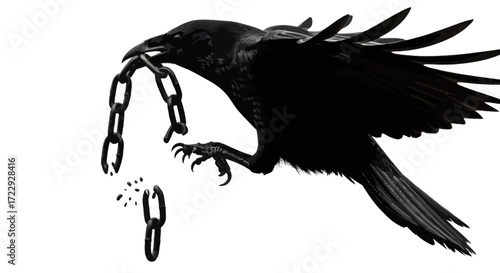 A raven soars free, breaking chains, a symbol of liberation and overcoming oppression a powerful