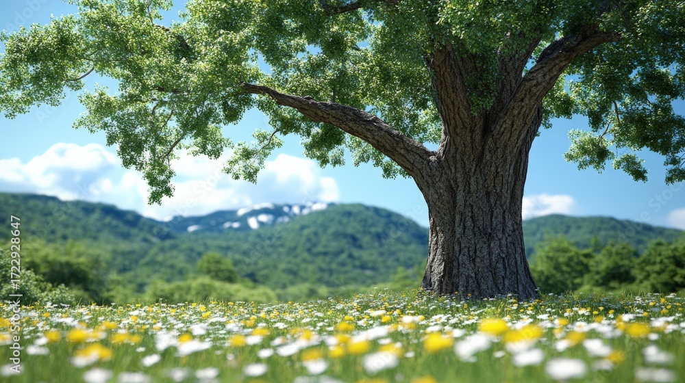 Obraz premium Lush Green Tree Surrounded by Vibrant Wildflowers in Sunny Landscape