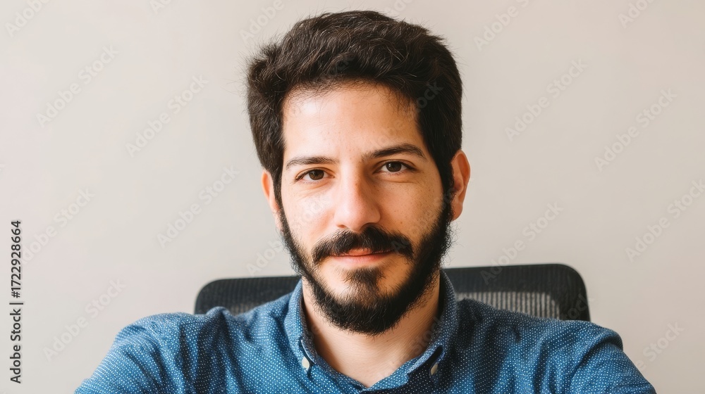 Obraz premium A confident man with a thick beard and neat curly hair wears a blue patterned shirt,