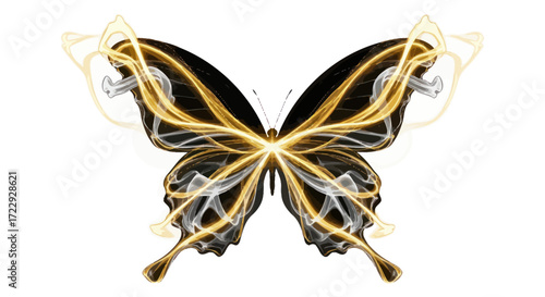 Abstract glowing butterfly with intricate gold and white patterns on a stark white background