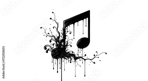 Abstract musical artwork featuring a black note with drippings and dynamic shapes
