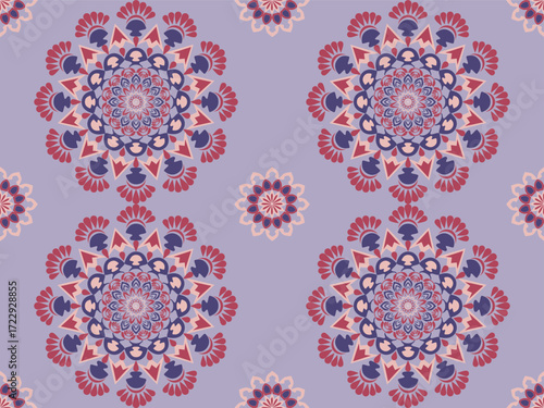 Seamless mandala pattern with layered floral petals in purple, pink, and red tones, radiating from the center outward in symmetrical circular harmony.