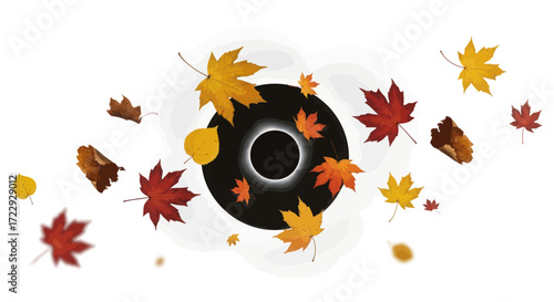 Autumnal vortex of leaves swirling around a dark enigmatic center with ethereal glow