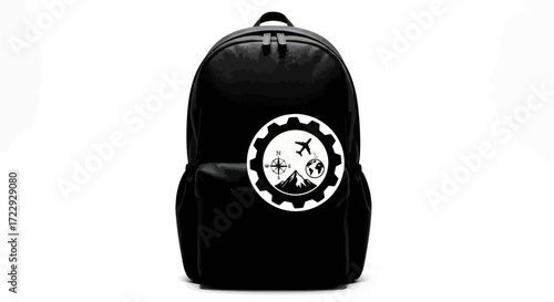 Black backpack with a travel themed design conveying adventure spirit for exploration
