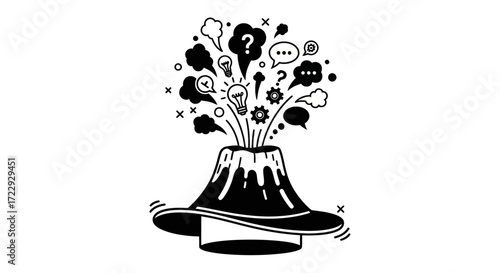 Conceptual eruption of ideas and thoughts represented by a stylized volcano icon graphic isolated
