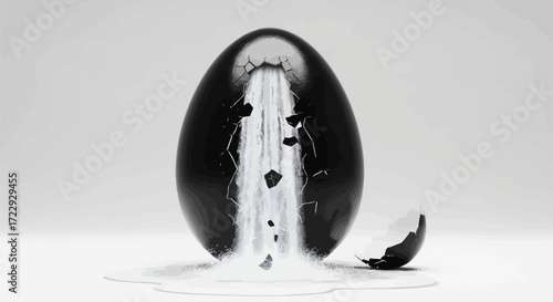 Conceptual artwork featuring a cracked black egg with a cascade of fluid flowing out expressing