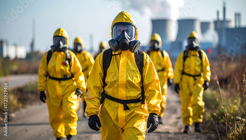 People in yellow hazmat suits walking towards a factory.