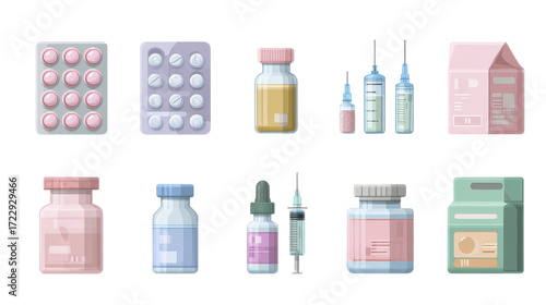 Pastel Flat Vector Icons of Medical Packaging and Supplies Set