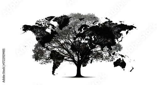 Conceptual artwork depicting the world map integrated with tree imagery symbolizing global ecology