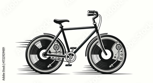 Conceptual Illustration of Bicycle with Vinyl Record Wheels Symbolizing Music and Motion Integration