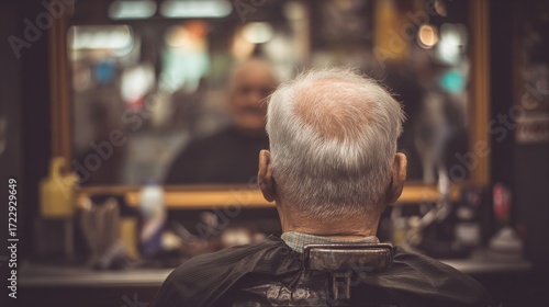 An older gentleman receives a haircut in a vintage barber shop, with classic grooming tools and a warm,