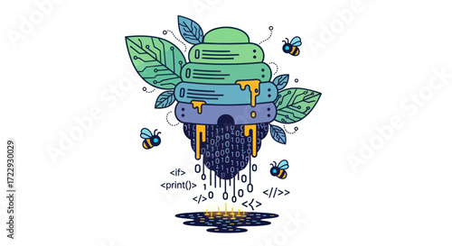 Data hive illustration representing digital ecosystem and information processing center