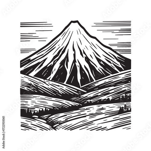 Black and White Mountain Illustration Image in Minimalist Line Art Style, Clean and Elegant Design