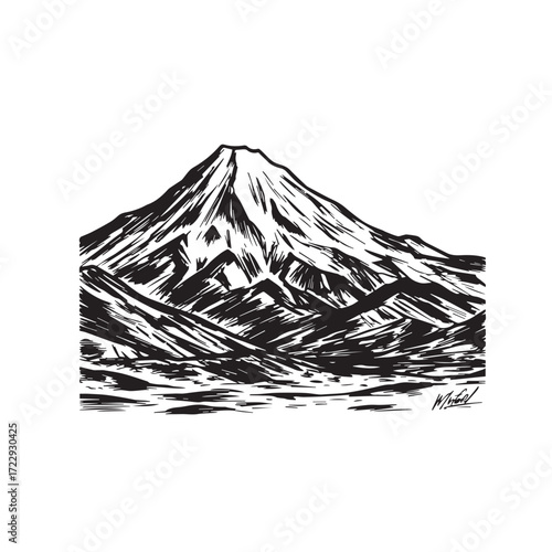 Black and White Mountain Illustration Image in Minimalist Line Art Style, Clean and Elegant Design