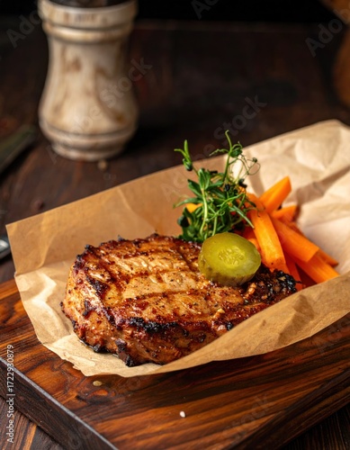 Seared meat served with carrots & pickles on a board, wrapped in paper against a brown backdrop