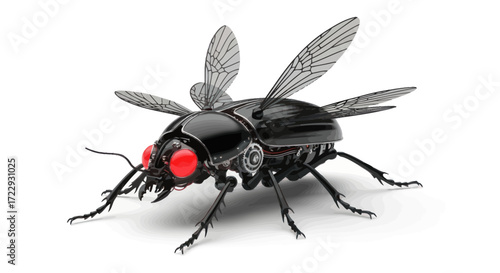 Futuristic mechanical insect with wings against a clean white backdrop casting a subtle shadow
