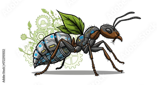 Futuristic mechanical ant with circuit board patterns and mechanical leaves illustration