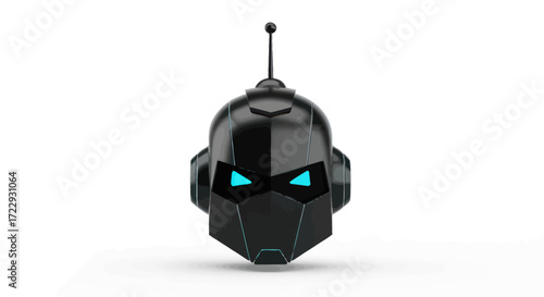 Futuristic robot head with geometric design and glowing blue eyes on a white background