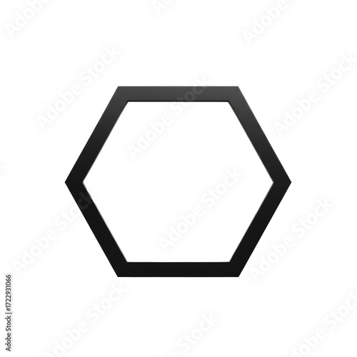 Sleek matte black hexagonal frame, clean and precise, on a transparent studio background with copy space, soft diffused light, emphasizing modern minimalist architectural design concept.