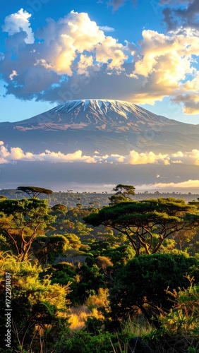 Verdant, sunlit forest foregrounds a snow-capped mountain under a cloudy blue sky. Serene, natural vista evokes tranquility