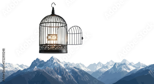 Illuminated cage against a majestic mountain range signifying freedom and adventure
