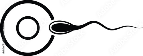 Fertilization illustration showcasing the process of a sperm cell fertilizing an egg cell in black and white design for medical use and educational purposes