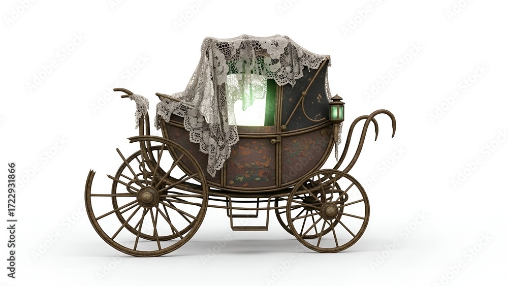 Fototapeta premium Haunted doll carriage A spectral journey with a missing wheel, on a blank white backdrop