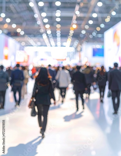 Blurred crowd walking inside brightly lit convention center with high ceilings and repeating overhead lights during a busy event