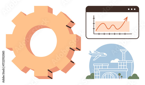 Gear representing systems and growth, chart showing upward trend, airport symbolizing connectivity. Ideal for business progress, logistics, innovation, economy, growth, system optimization