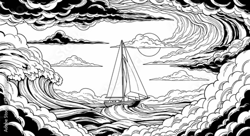 Monochromatic sea journey illustration depicting a sailboat navigating stormy weather and dramatic