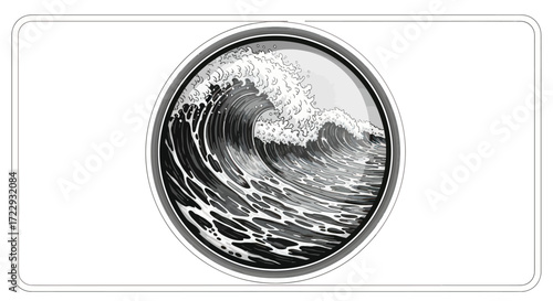Monochromatic wave within a circular frame capturing ocean's rhythmic force artistically rendered