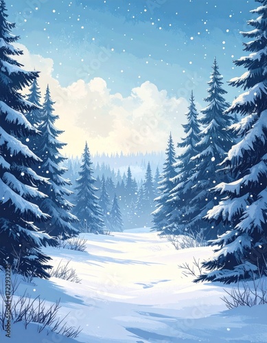 Snowy forest path with tall, snow-covered evergreen trees against a bright, cold blue sky with falling snow creates a serene winter scene