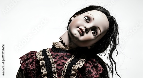 Elegant Antique Doll with Piercing Eyes and Vintage Dress