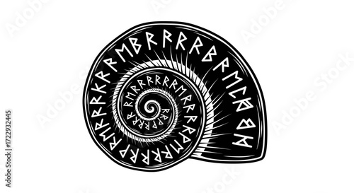 Mystical spiral shell with inscribed ancient runes, invoking arcane secrets and folklore