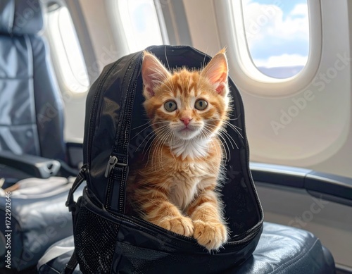 An orange kitten with stripes sits in a black backpack on an airplane seat looking forward toward the camera against blue skies