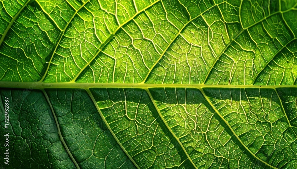 Obraz premium Translucent green leaf magnified, revealing intricate vein structures and cell patterns illuminated by light, creating a vibrant, organic texture