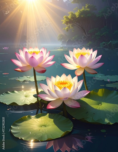 Three pink & white lotuses bloom on a serene lake, illuminated by sunbeams, surrounded by lush greenery and lily pads